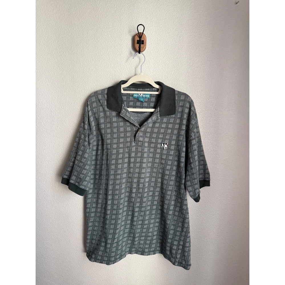 Big Dogs Polo Shirt Mens Large Green Excellent Vintage Textured Knit Plaid Dog